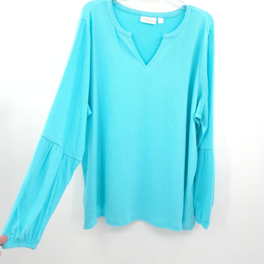 Belle Kim Gravel Top Womens 2X Blue knit Notch Neck Long Puff Sleeve